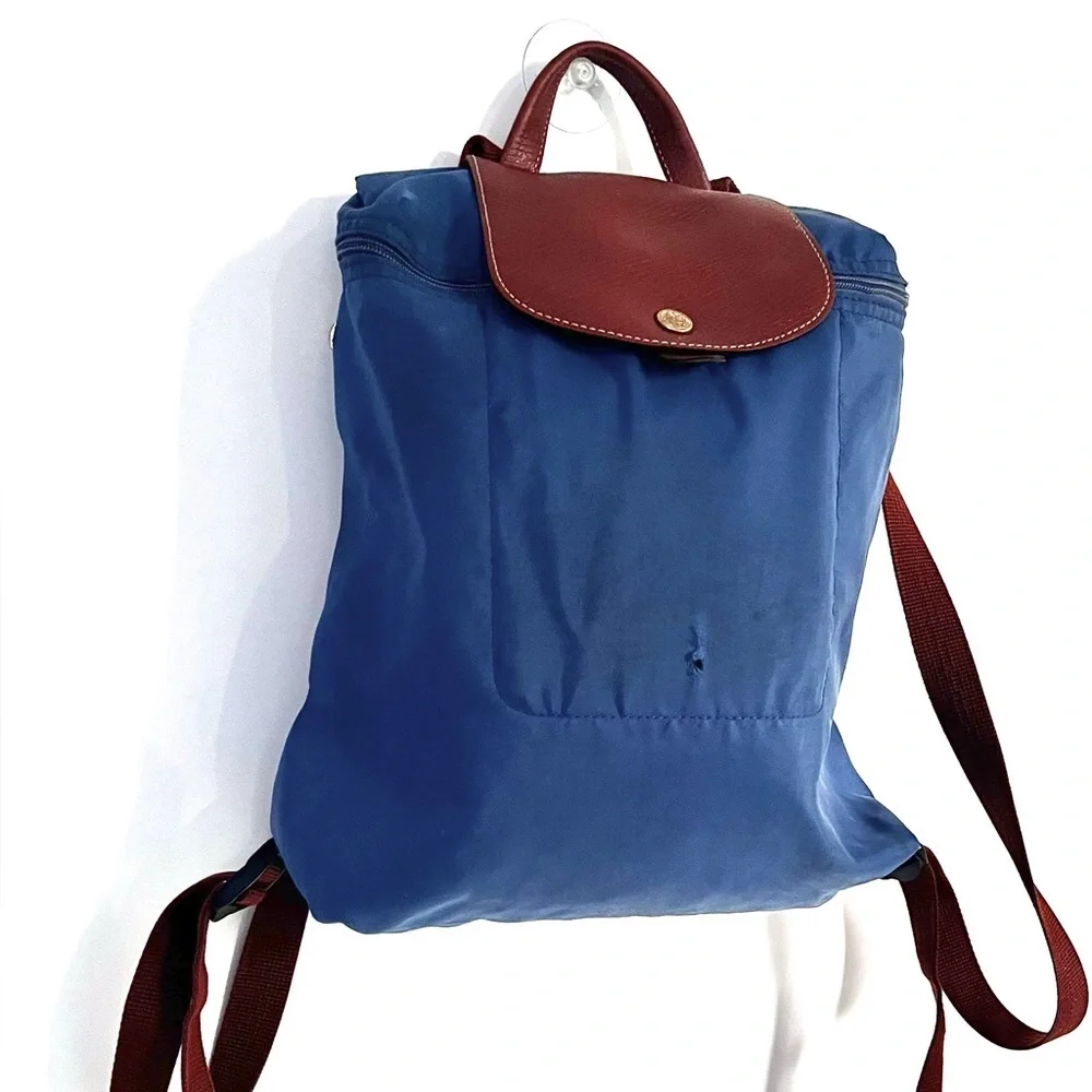 Longchamp Blue Brown Nylon Leather Mini Backpack - AS IS
